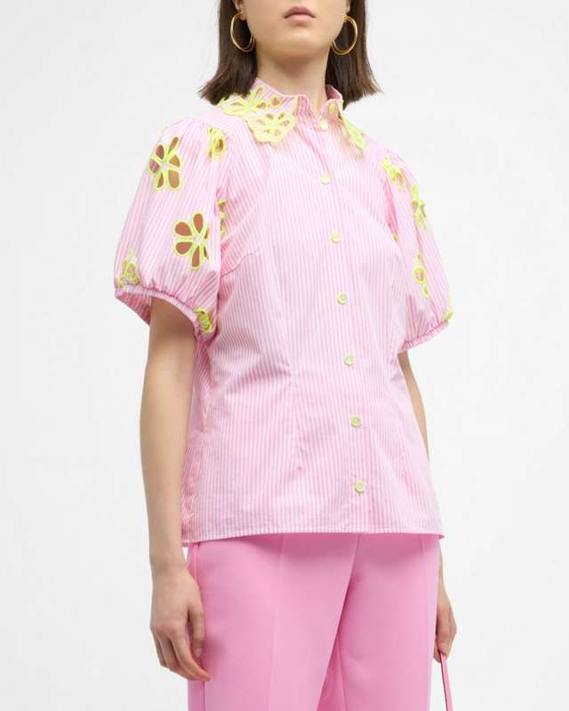 Embroidered Floral Cutout Button-Front Blouse